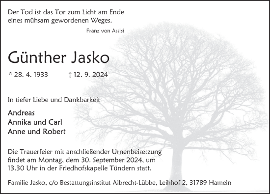 Traueranzeige von Günther Jasko von Deister- und Weserzeitung