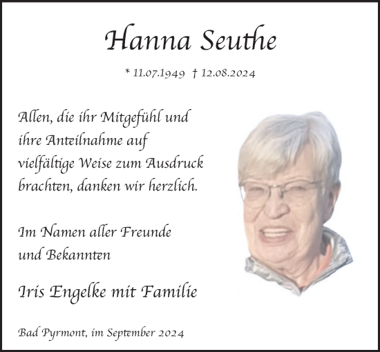 Traueranzeige von Hanna Seuthe von Deister- und Weserzeitung