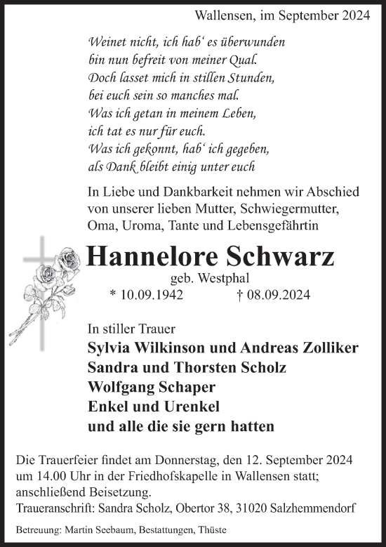 Traueranzeige von Hannelore Schwarz von Deister- und Weserzeitung