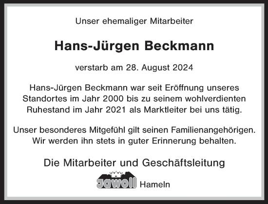 Traueranzeige von Hans-Jürgen Beckmann von Deister- und Weserzeitung