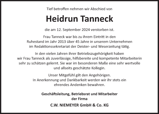 Traueranzeige von Heidrun Tanneck von Deister- und Weserzeitung