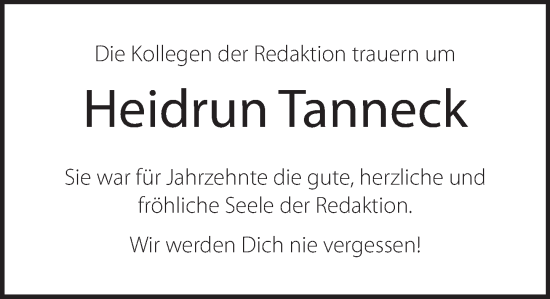 Traueranzeige von Heidrun Tanneck von Deister- und Weserzeitung