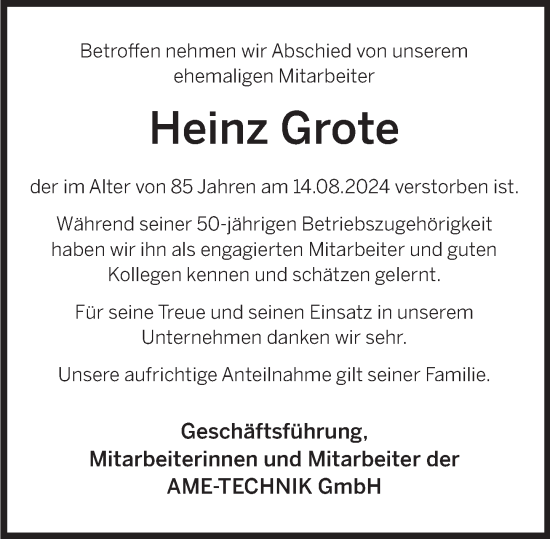 Traueranzeige von Heinz Grote von Deister- und Weserzeitung