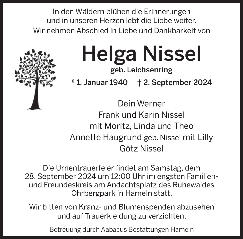  Traueranzeige für Helga Nissel vom 21.09.2024 aus Deister- und Weserzeitung