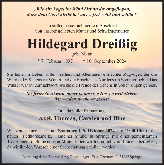 Traueranzeige von Hildegard Dreißig von Neue Deister-Zeitung