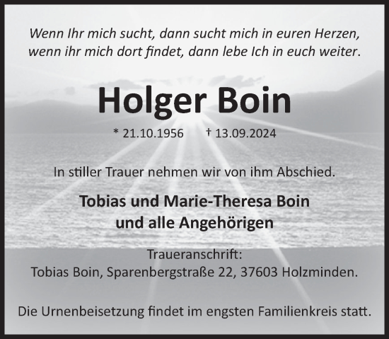 Traueranzeige von Holger Boin von Deister- und Weserzeitung