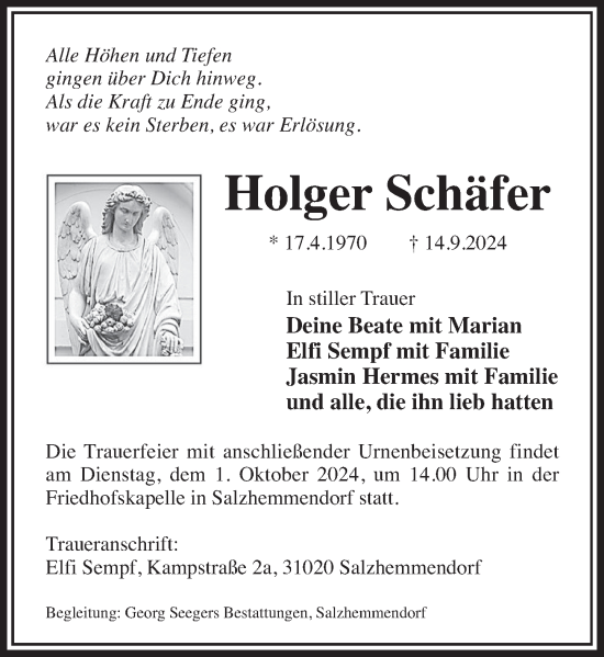 Traueranzeige von Holger Schäfer von Deister- und Weserzeitung