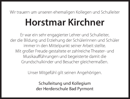 Traueranzeige von Horstmar Kirchner von Deister- und Weserzeitung