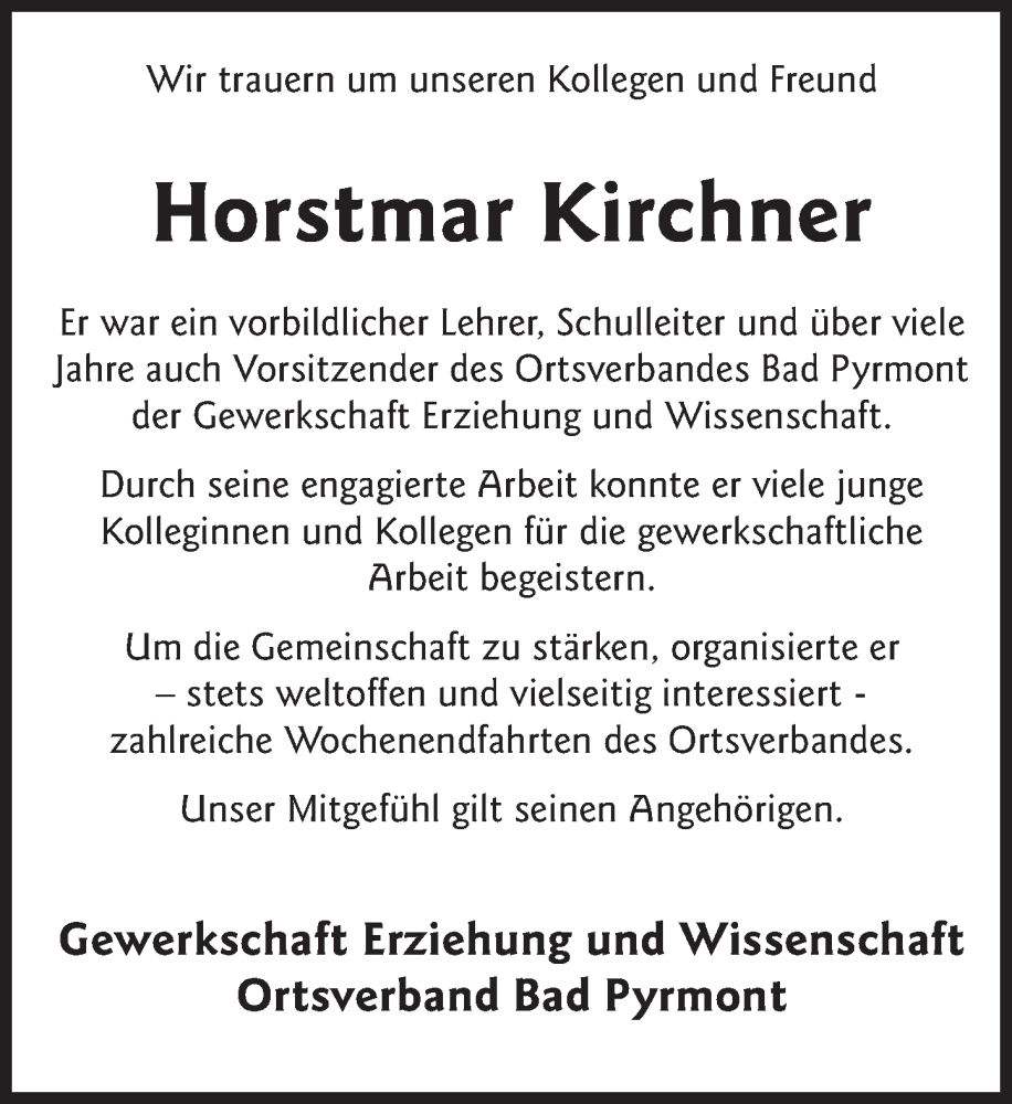  Traueranzeige für Horstmar Kirchner vom 10.09.2024 aus Deister- und Weserzeitung