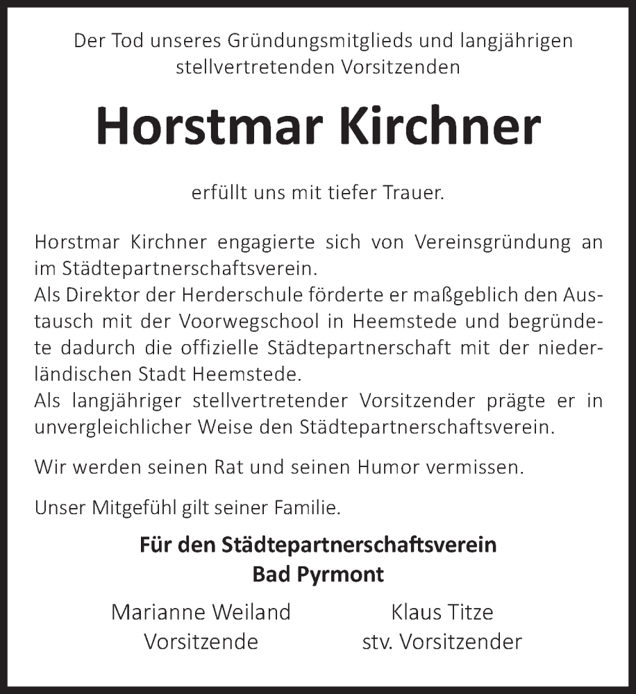  Traueranzeige für Horstmar Kirchner vom 07.09.2024 aus Deister- und Weserzeitung