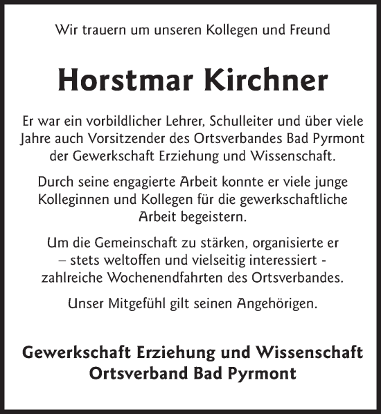 Traueranzeige von Horstmar Kirchner von Deister- und Weserzeitung