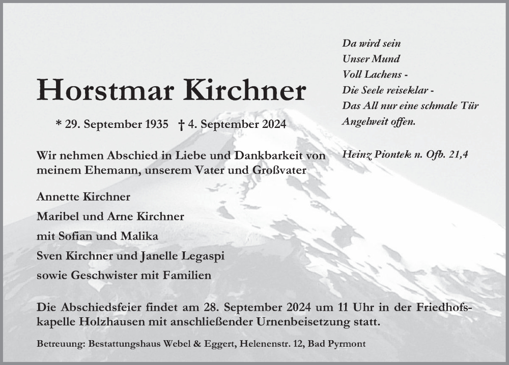  Traueranzeige für Horstmar Kirchner vom 07.09.2024 aus Deister- und Weserzeitung