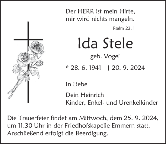 Traueranzeige von Ida Stele von Deister- und Weserzeitung