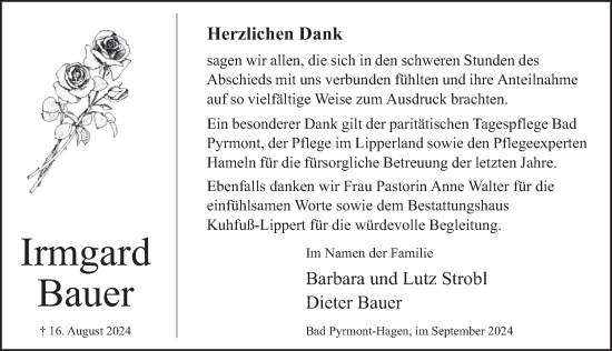 Traueranzeige von Irmgard Bauer von Deister- und Weserzeitung