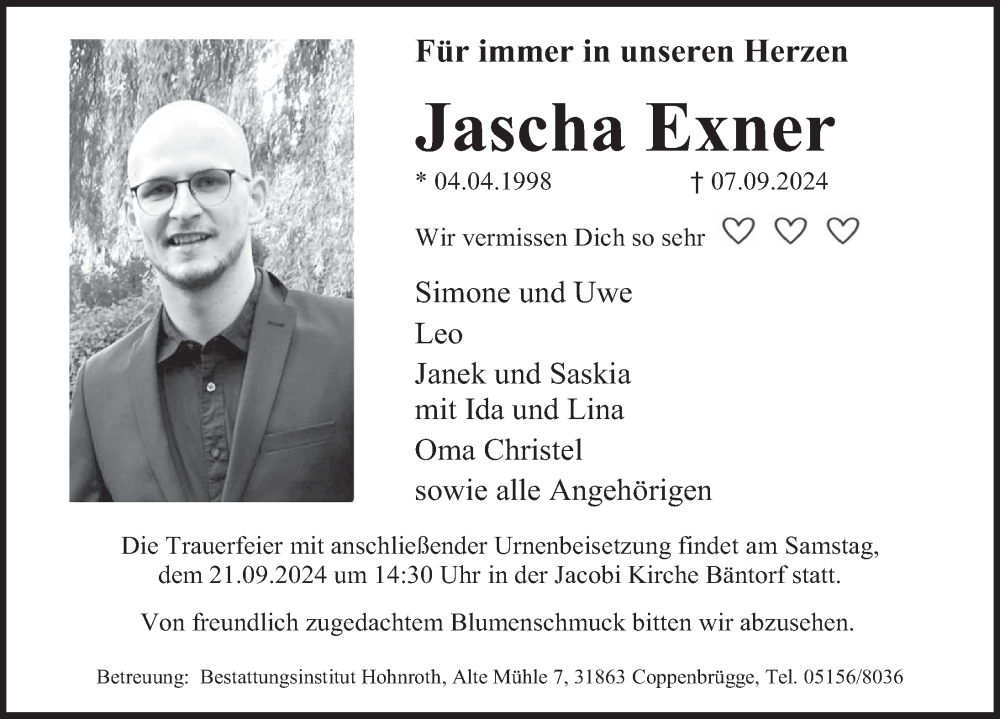  Traueranzeige für Jascha Exner vom 14.09.2024 aus Deister- und Weserzeitung