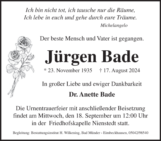 Traueranzeige von Jürgen Bade von Neue Deister-Zeitung