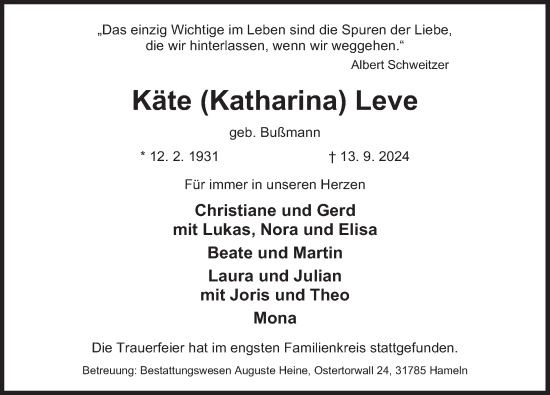 Traueranzeige von Käte Leve von Deister- und Weserzeitung