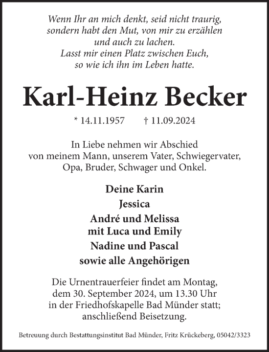 Traueranzeige von Karl-Heinz Becker von Neue Deister-Zeitung