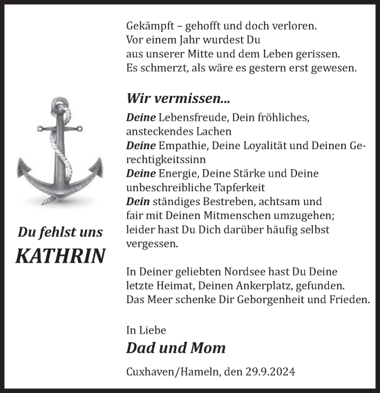 Traueranzeige von Kathrin  von Deister- und Weserzeitung