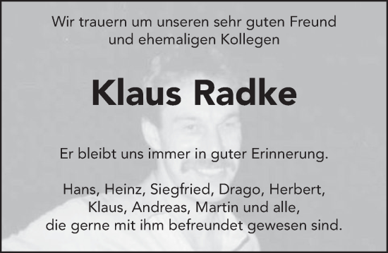 Traueranzeige von Klaus Radke von Deister- und Weserzeitung