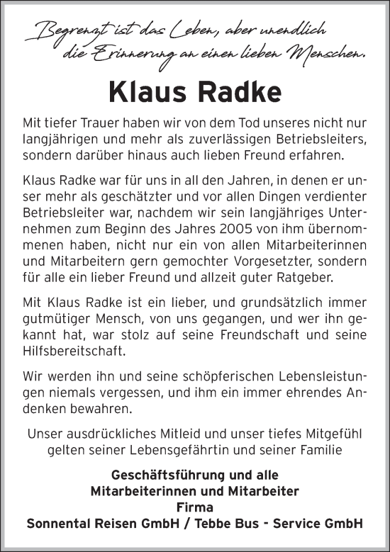 Traueranzeige von Klaus Radke von Deister- und Weserzeitung