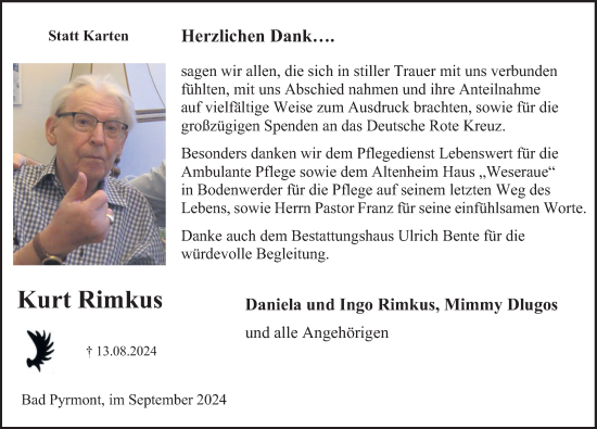 Traueranzeige von Kurt Rimkus von Deister- und Weserzeitung