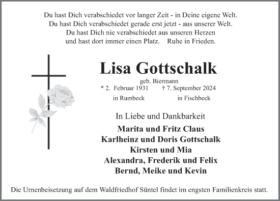 Traueranzeige von Lisa Gottschalk von Deister- und Weserzeitung