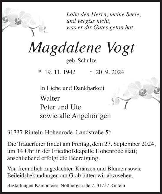 Traueranzeige von Magdalene Vogt von Deister- und Weserzeitung