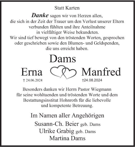 Traueranzeige von Manfred Dams von Deister- und Weserzeitung