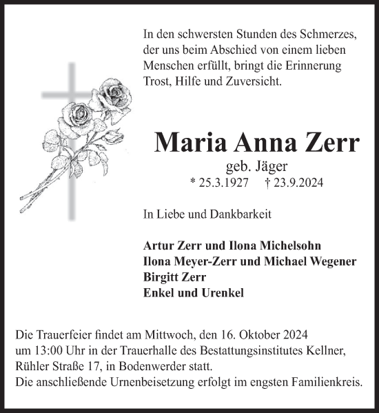 Traueranzeige von Maria Anna Zerr von Deister- und Weserzeitung