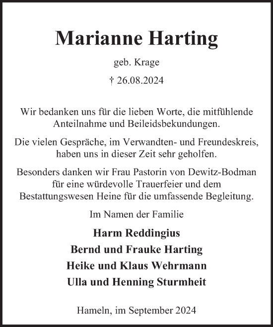 Traueranzeige von Marianne Harting von Deister- und Weserzeitung