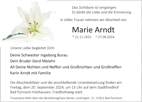 Traueranzeige von Marie Arndt von Deister- und Weserzeitung