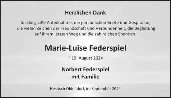 Traueranzeige von Marie-Luise Federspiel von Deister- und Weserzeitung