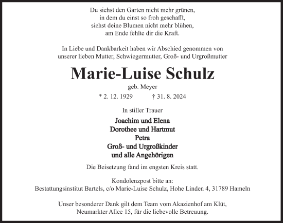 Traueranzeige von Marie-Luise Schulz von Deister- und Weserzeitung