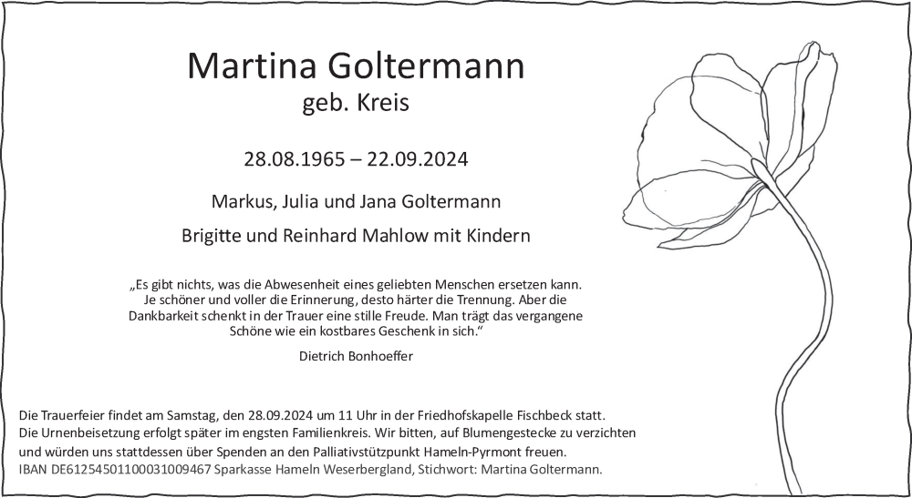  Traueranzeige für Martina Goltermann vom 25.09.2024 aus Deister- und Weserzeitung