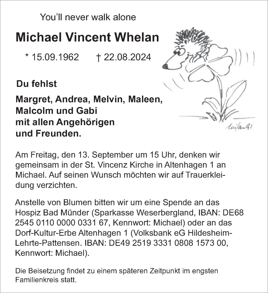  Traueranzeige für Michael Vincent Whelan vom 07.09.2024 aus Neue Deister-Zeitung