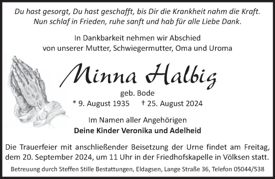 Traueranzeige von Minna Halbig von Neue Deister-Zeitung