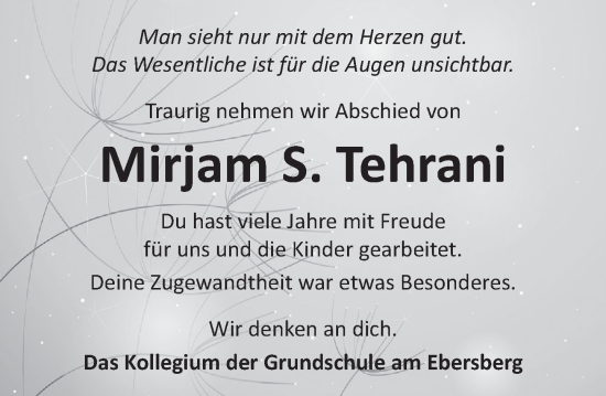 Traueranzeige von Mirjam S. Tehrani von Neue Deister-Zeitung