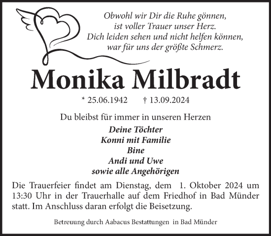 Traueranzeige von Monika Milbradt von Neue Deister-Zeitung