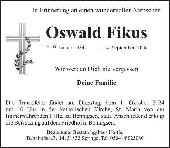 Traueranzeige von Oswald Fikus von Neue Deister-Zeitung