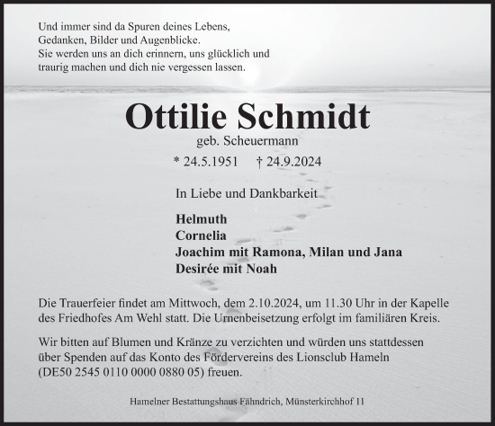 Traueranzeige von Ottilie Schmidt von Deister- und Weserzeitung