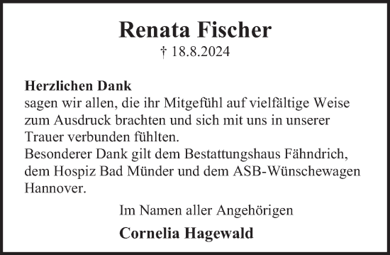 Traueranzeige von Renata Fischer von Deister- und Weserzeitung