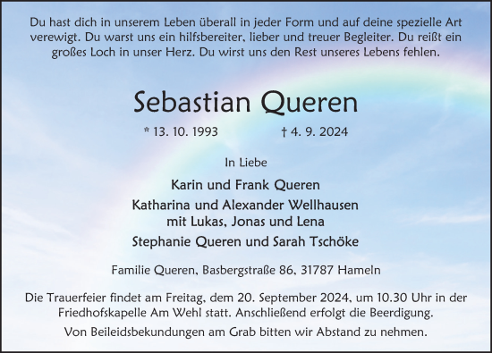 Traueranzeige von Sebastian Queren von Deister- und Weserzeitung