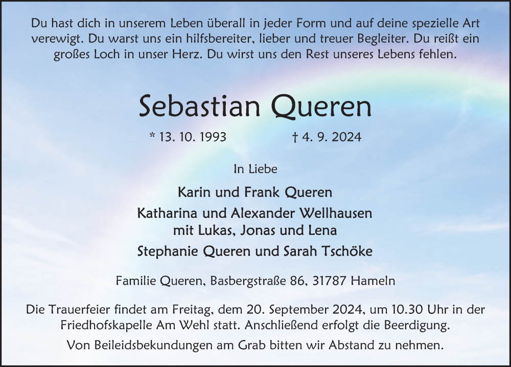  Traueranzeige für Sebastian Queren vom 14.09.2024 aus Deister- und Weserzeitung