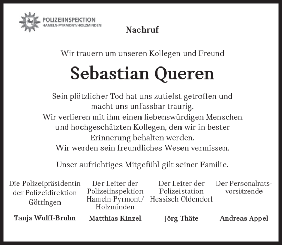 Traueranzeige von Sebastian Queren von Deister- und Weserzeitung