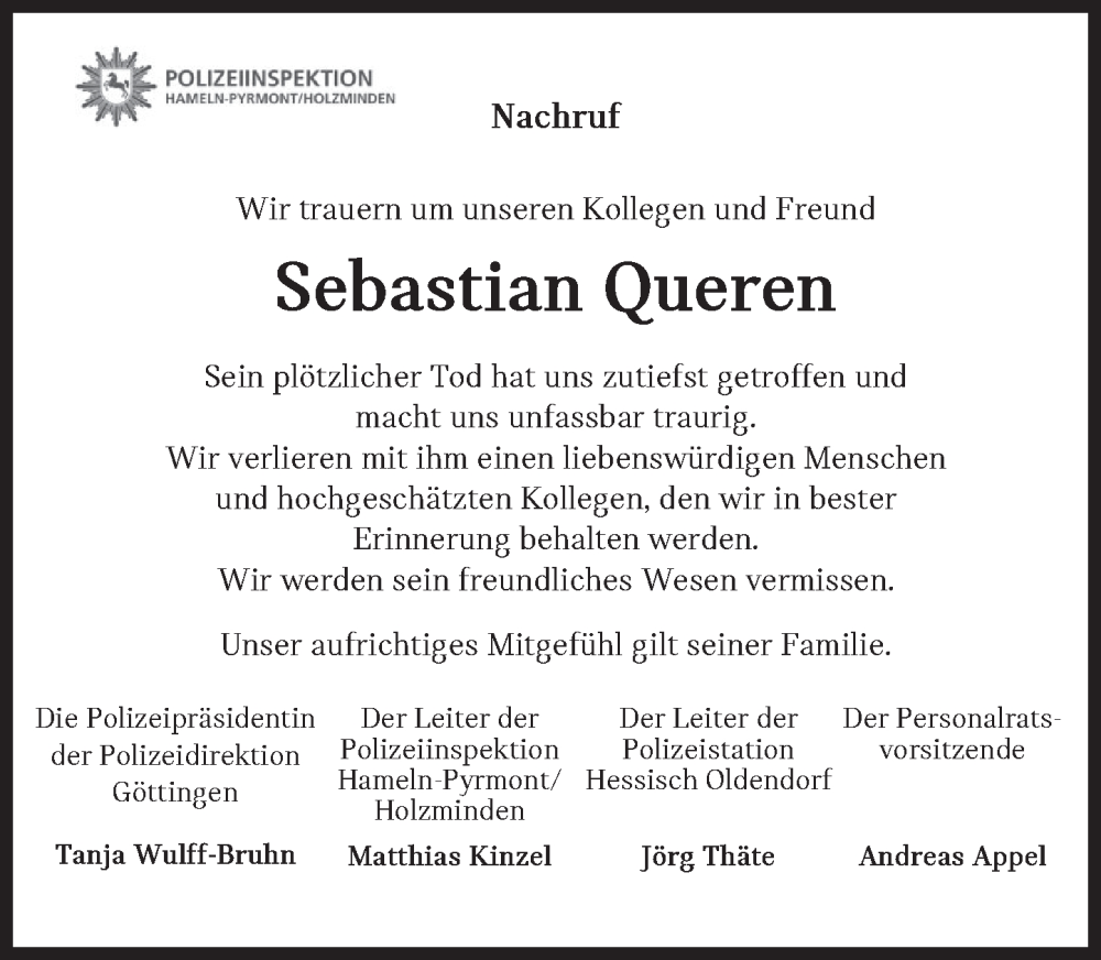  Traueranzeige für Sebastian Queren vom 14.09.2024 aus Deister- und Weserzeitung