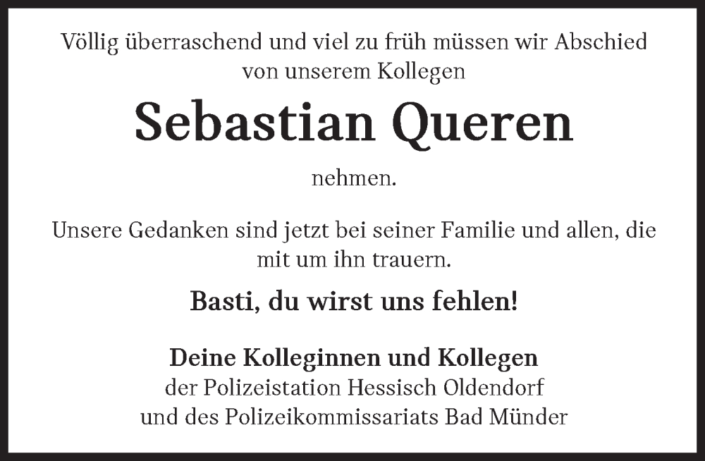  Traueranzeige für Sebastian Queren vom 14.09.2024 aus Deister- und Weserzeitung