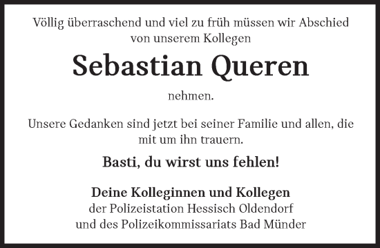 Traueranzeige von Sebastian Queren von Deister- und Weserzeitung