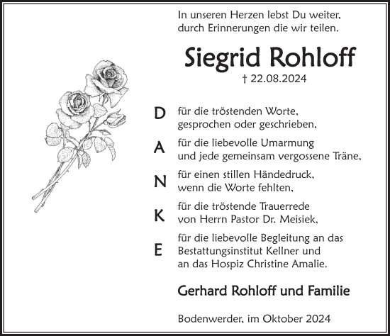Traueranzeige von Siegrid Rohloff von Deister- und Weserzeitung