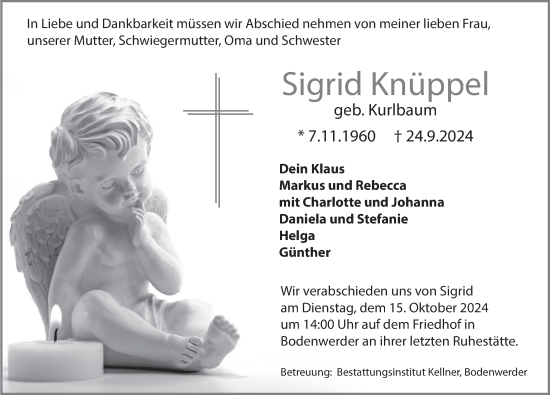 Traueranzeige von Sigrid Knüppel von Deister- und Weserzeitung